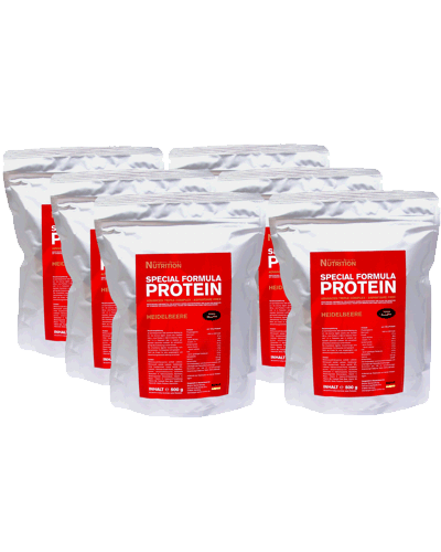 6er-Pack Special Formula Protein Shake mit Molkeneiweiß Milchprotein Hühnereiprotein Abbildung von sechs Beuteln Special Formula Protein mit je 500 g Inhalt
