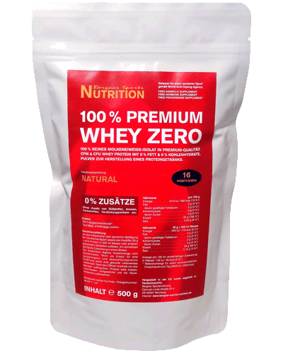 100 % Premium Whey Protein Isolat schonend CFM und CFU filtriert Abbildung eines Beutels 100 % Premium Whey Zero mit 500 g Inhalt